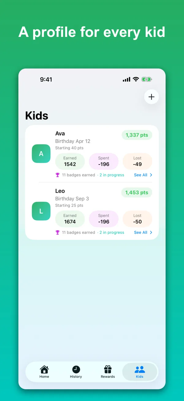 Kid profile screen in PointSprout with avatar and balance