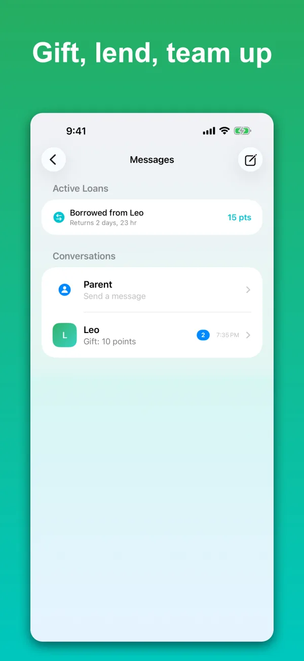Family messaging in PointSprout showing point gifts and loans between kids