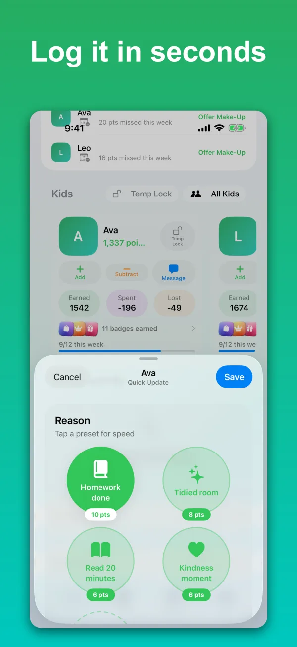 Quick logging screen in PointSprout for recording a point change in seconds